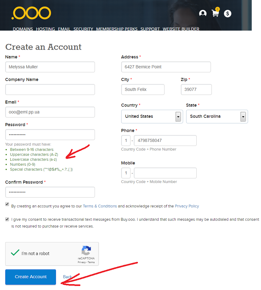 Il modulo di registrazione mentre viene compilato